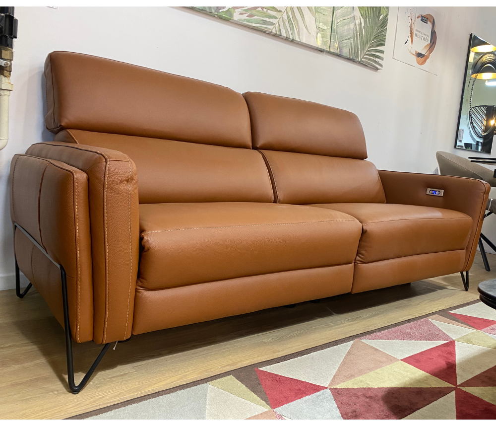 Canapé 3 places relax électrique en cuir marron design - Adeline