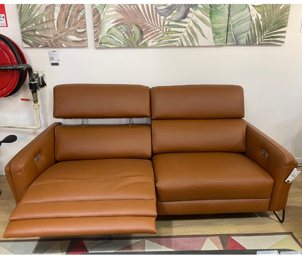 Canapé 3 places relax électrique en cuir marron design - Adeline