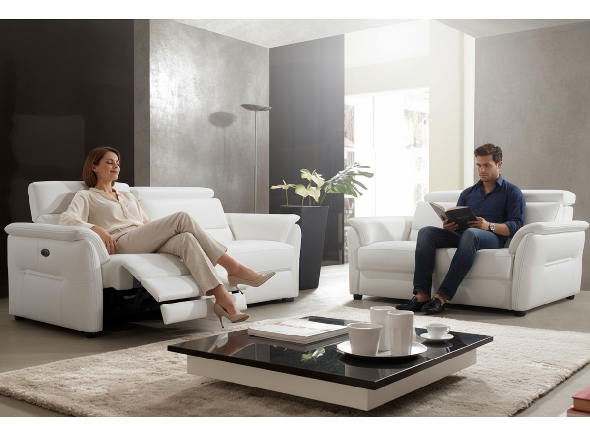 Salon complet cuir blanc Alana – vue d'ensemble 3 places et 2 places