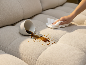 nettoyage du tissu anti taches d'un canapé d'angle avance recule beige