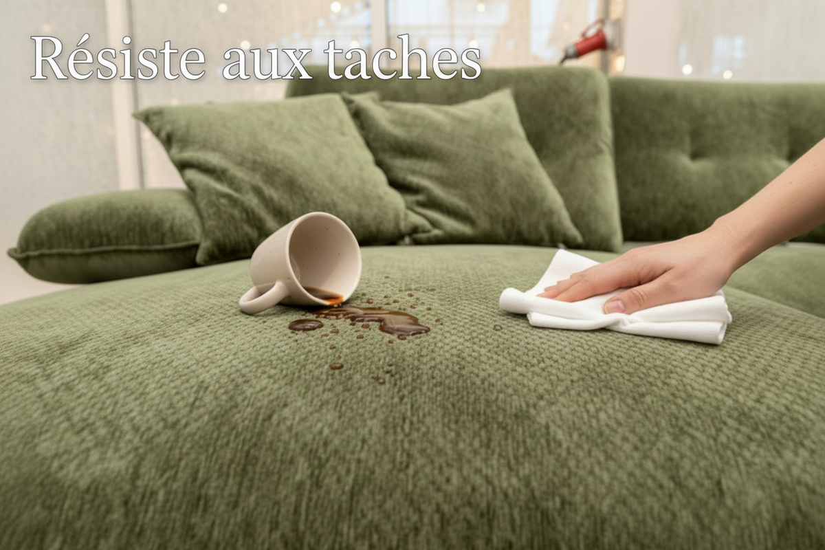nettoyage du tissu anti tache de ce canapé d'angle avance recule vert 