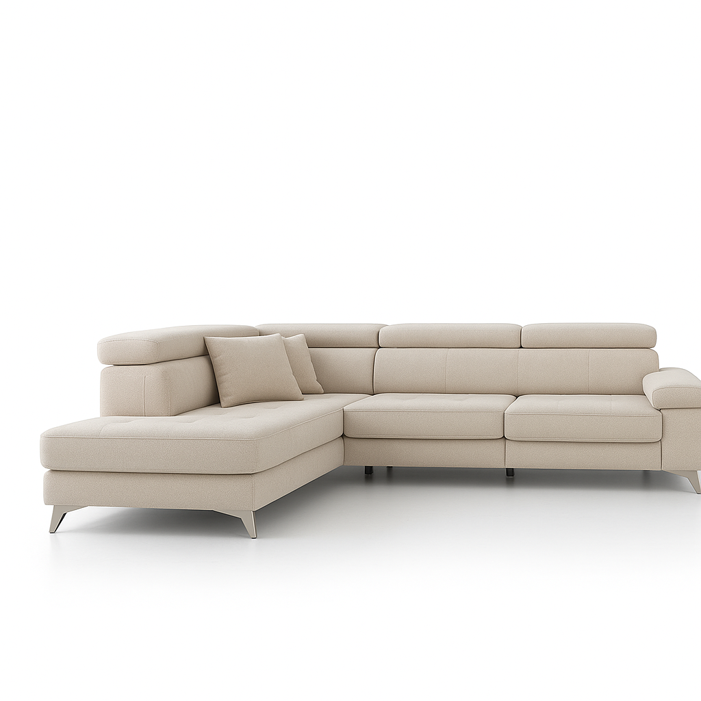 Canapé d'angle Pola – vue de face – méridienne à gauche – tissu beige – pieds métal chromé