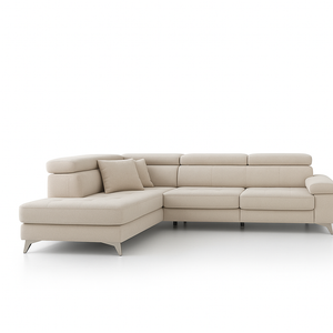 Canapé d'angle Pola – vue de face – méridienne à gauche – tissu beige – pieds métal chromé