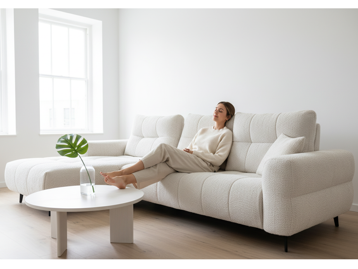 Canapé d’angle avance recule bouclette blanche - Melania