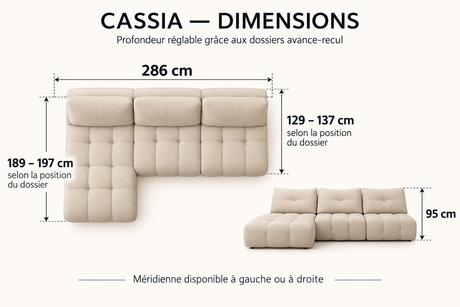 Canapé d'angle avance recule Cassia Confort Luxe – dimensions : 286 cm de large, méridienne 189–197 cm, profondeur 129–137 cm, hauteur 95 cm