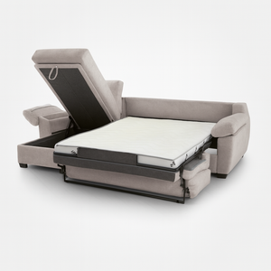 Canapé d’angle convertible Billy ouvert en position lit, couchage quotidien 140x190 cm avec matelas épais et structure robuste.