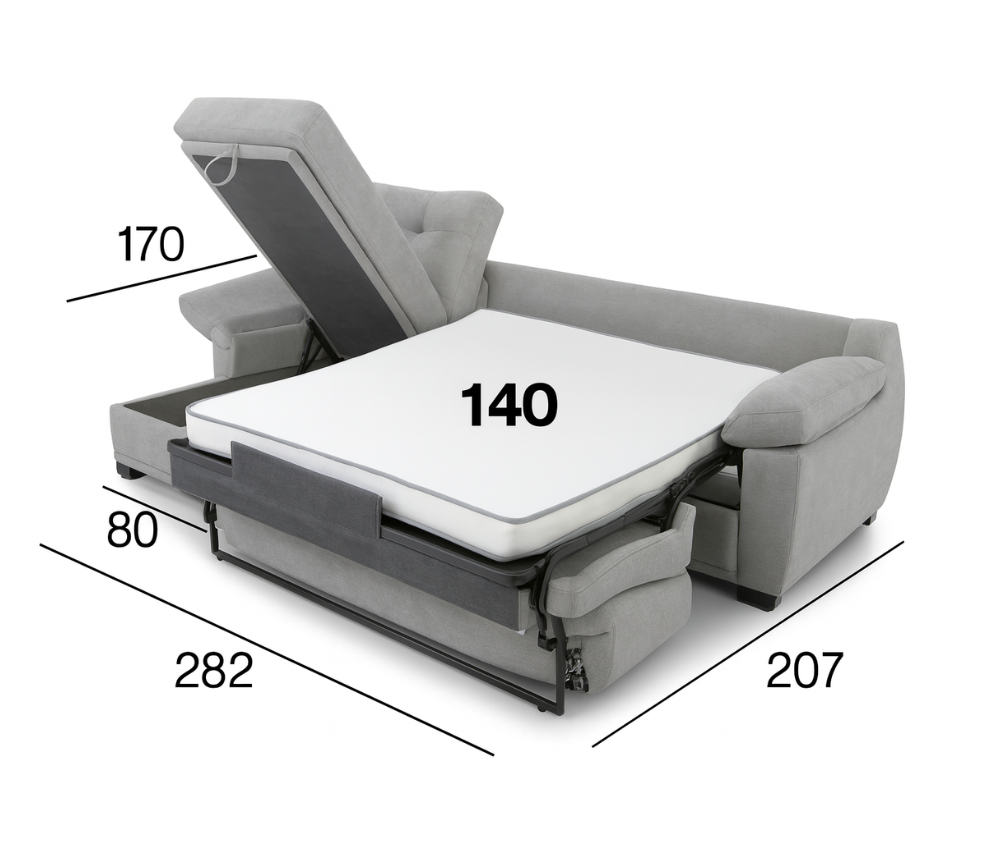 Canapé d'angle convertible Billy – méridienne avec coffre de rangement – système rapido – tissu gris