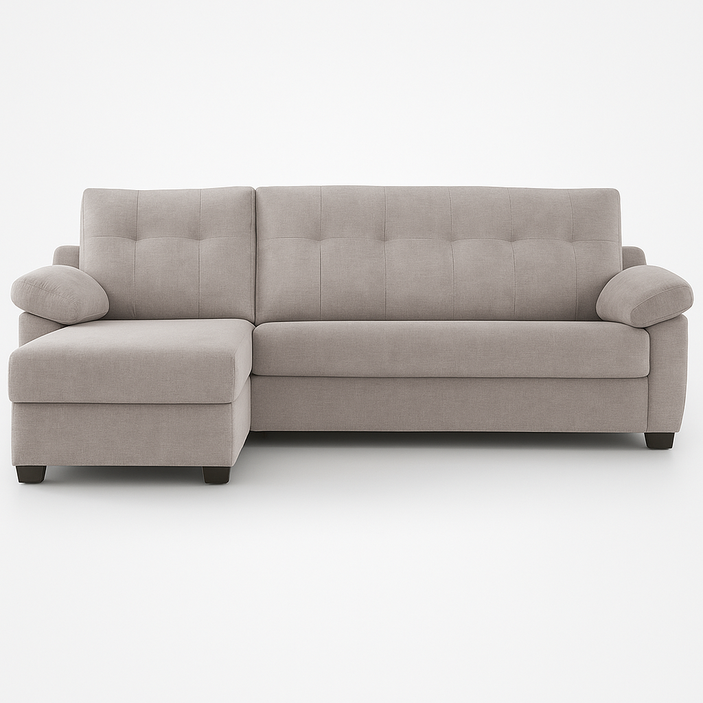 Canapé d’angle convertible beige Billy, design contemporain avec méridienne droite, tissu anti-taches et confort haut de gamme.