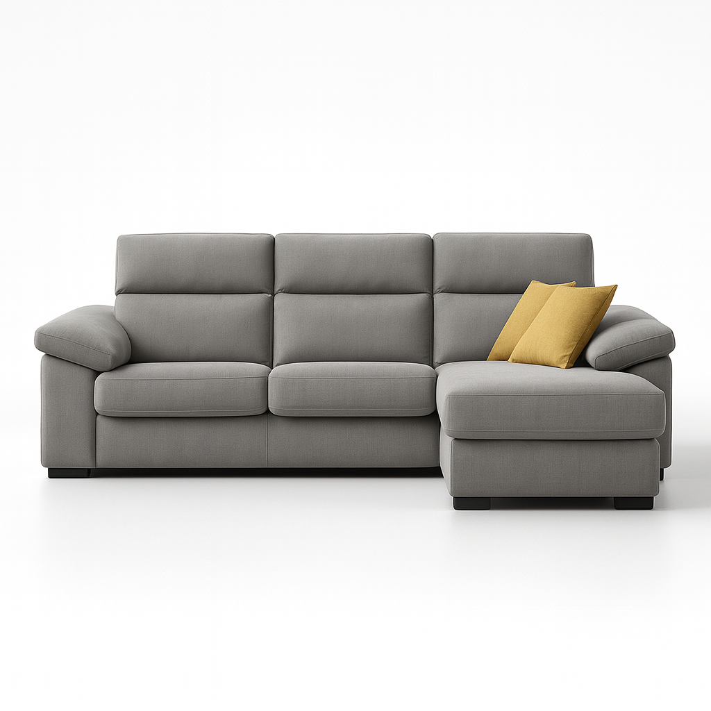 Canapé d’angle convertible Lea – vue de face – méridienne à droit – tissu taupe