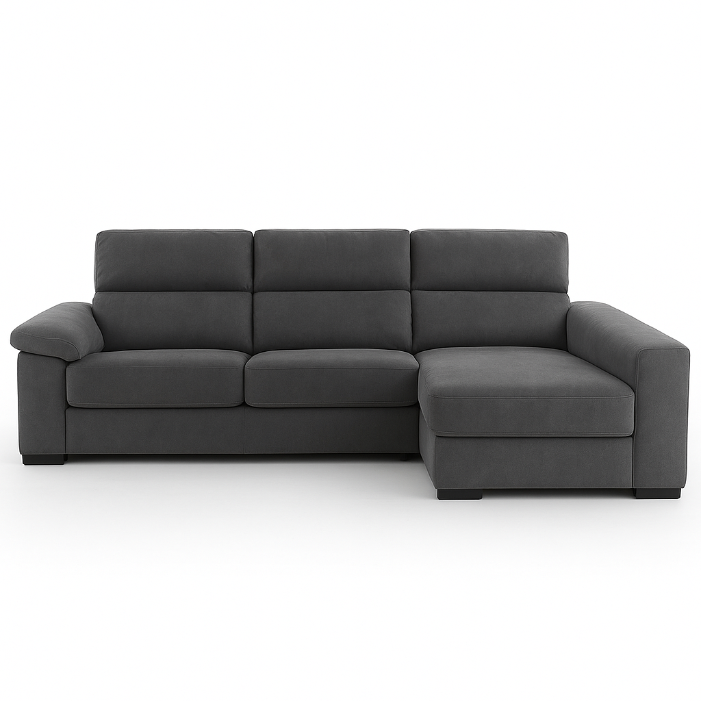 Canapé d’angle Lea – vue de face – angle à droite – tissu gris – pieds bois noir