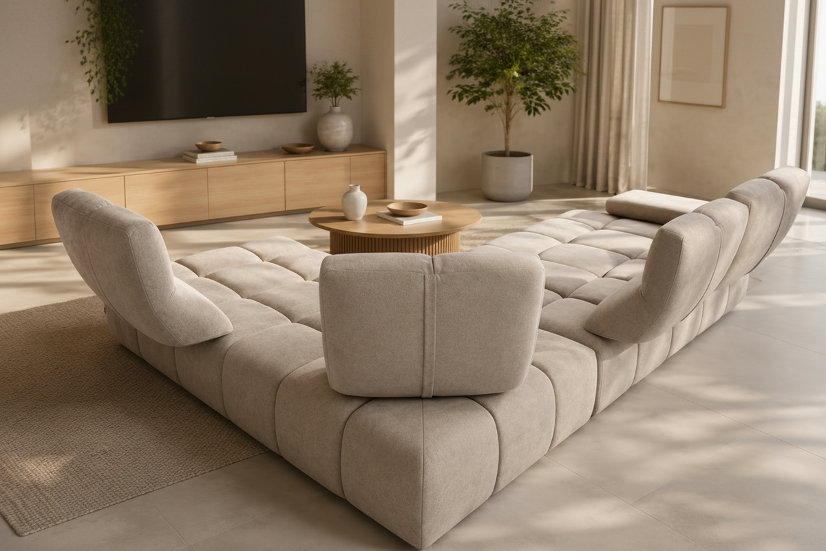 canape d'angle avec dossiers avance recule design dans un salon contemporain vue de dos - Calia italia