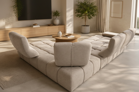 canape d'angle avec dossiers avance recule design dans un salon contemporain vue de dos - Calia italia