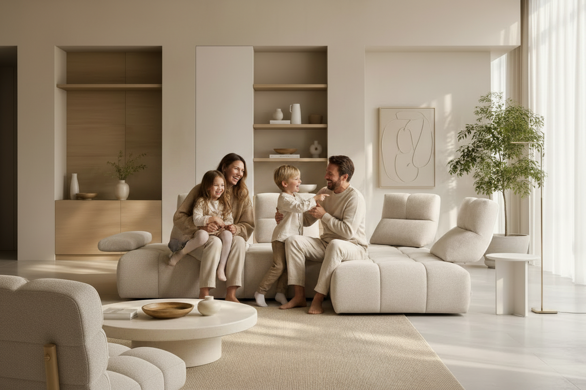 canape d'angle avec dossiers avance recule design dans un salon contemporain avec une famille - Calia italia