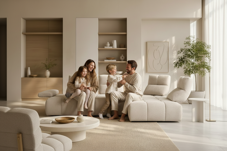 canape d'angle avec dossiers avance recule design dans un salon contemporain avec une famille - Calia italia