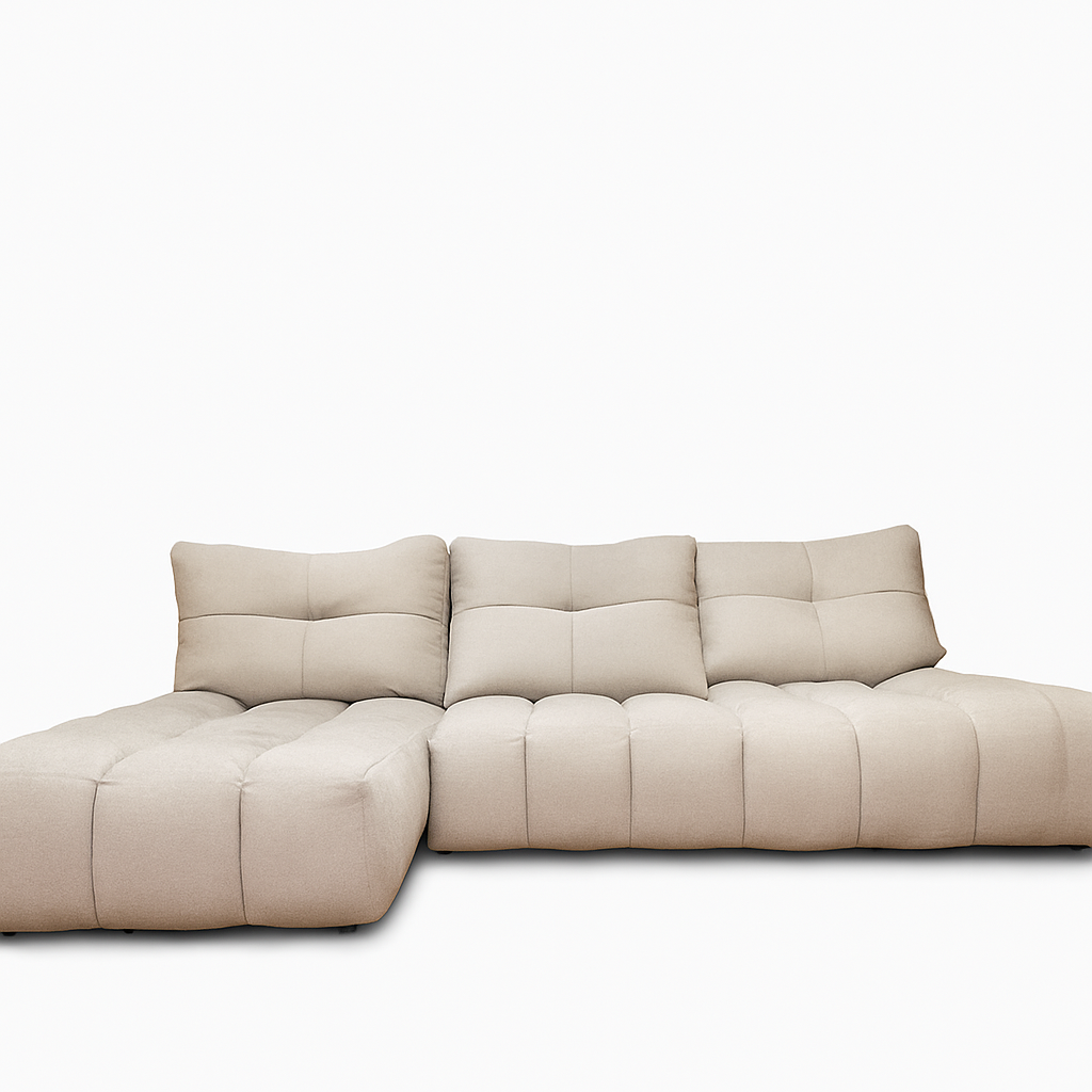 canapé d'angle beige avec dossiers avance recule vue de face 