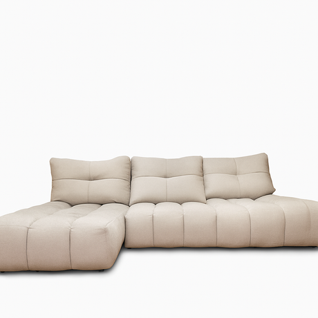 canapé d'angle beige avec dossiers avance recule vue de face 
