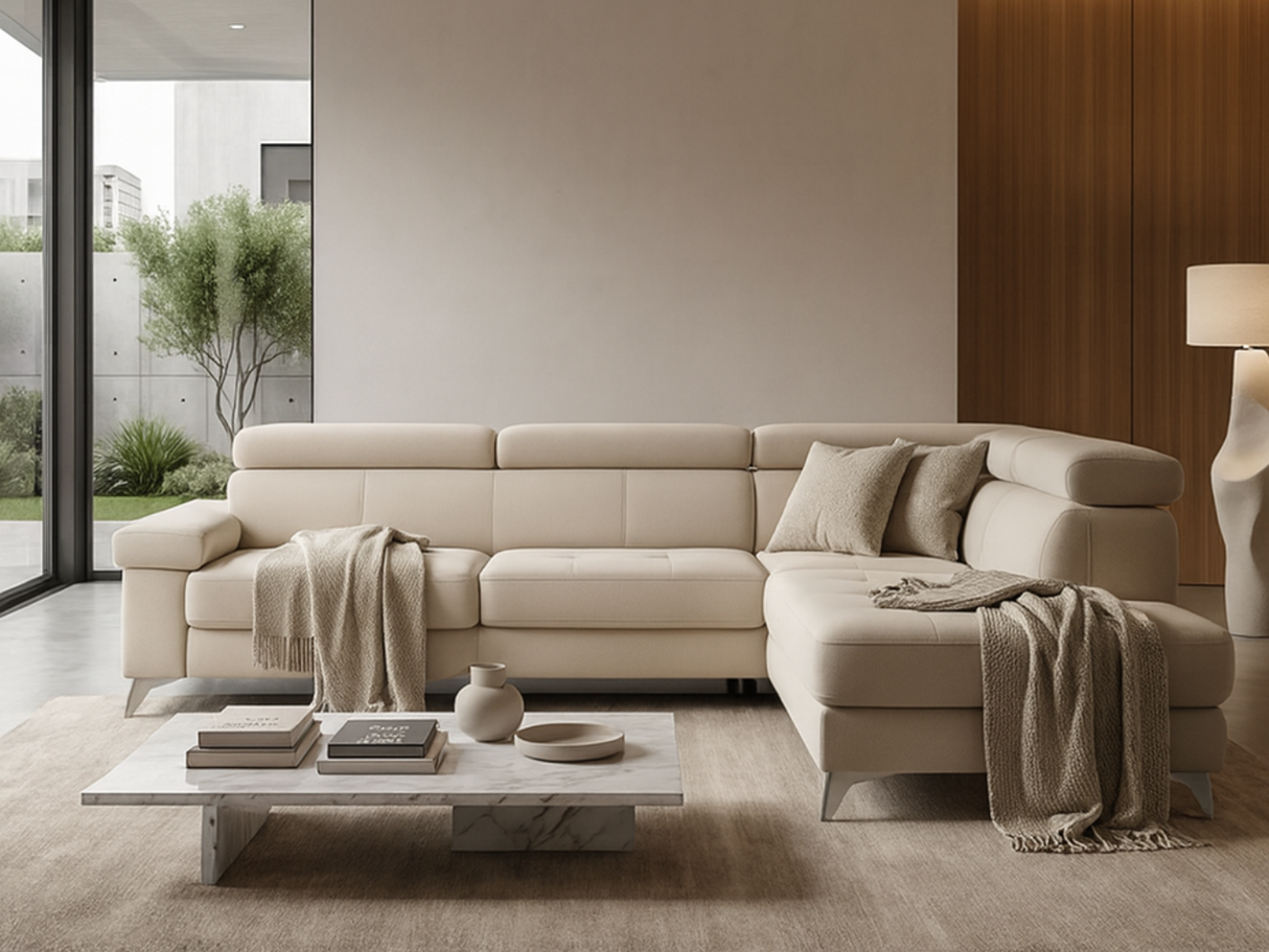 canape d'angle beige avec assises coulissantes dans n salon contemporain 