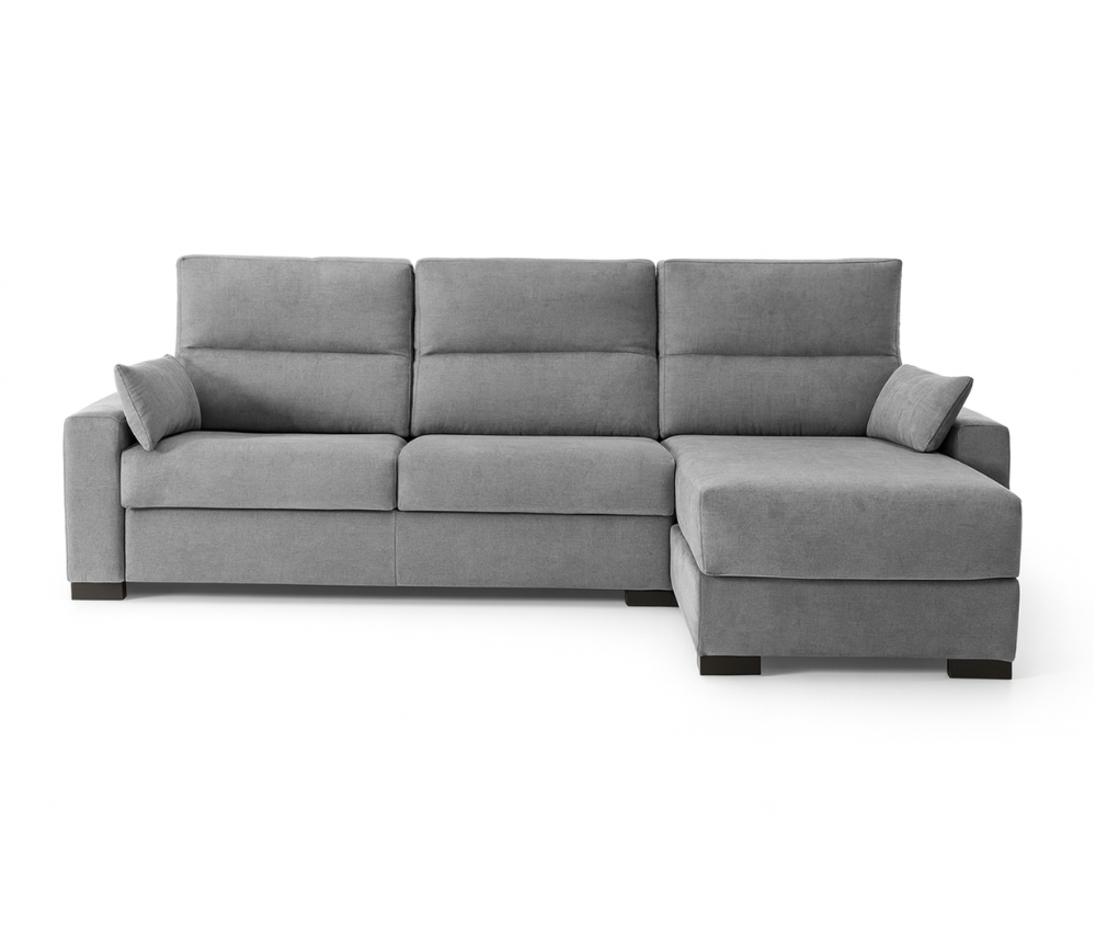 Canapé d’angle convertible Virginie – vue de face – angle à droite – tissu gris – pieds métal noir mat