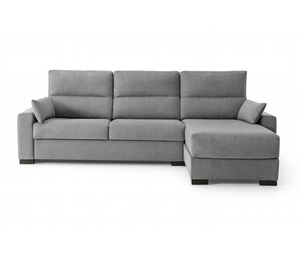 Canapé d’angle convertible Virginie – vue de face – angle à droite – tissu gris – pieds métal noir mat