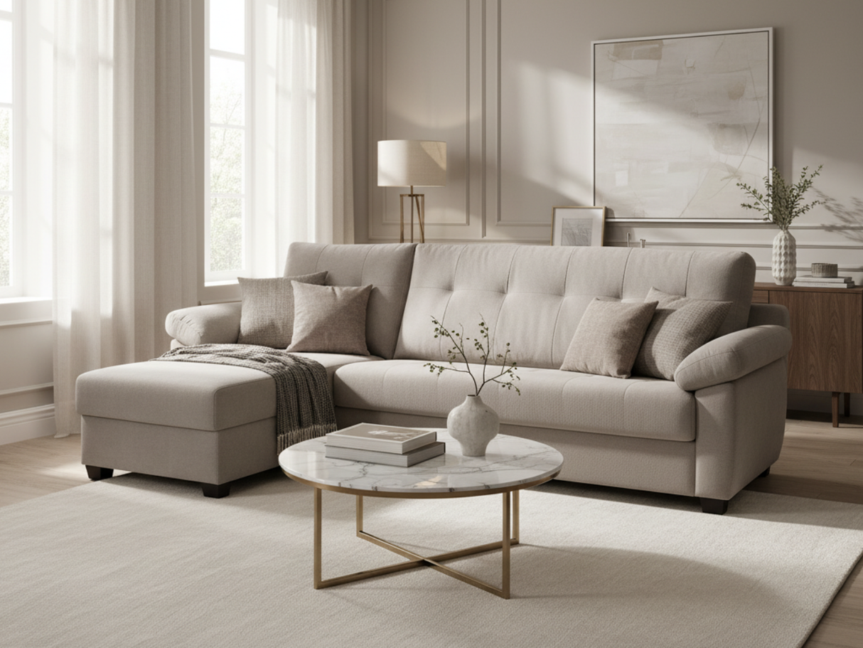 Canapé d'angle convertible Billy – vue 3/4 – méridienne à gauche – tissu gris – système rapido