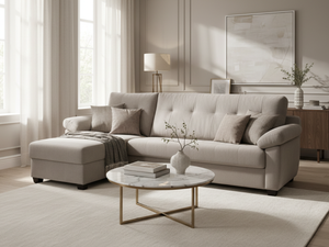 Canapé d'angle convertible Billy – vue 3/4 – méridienne à gauche – tissu gris – système rapido