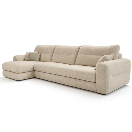 canapé d'angle méridienne beige tissu bouclette confort moelleux