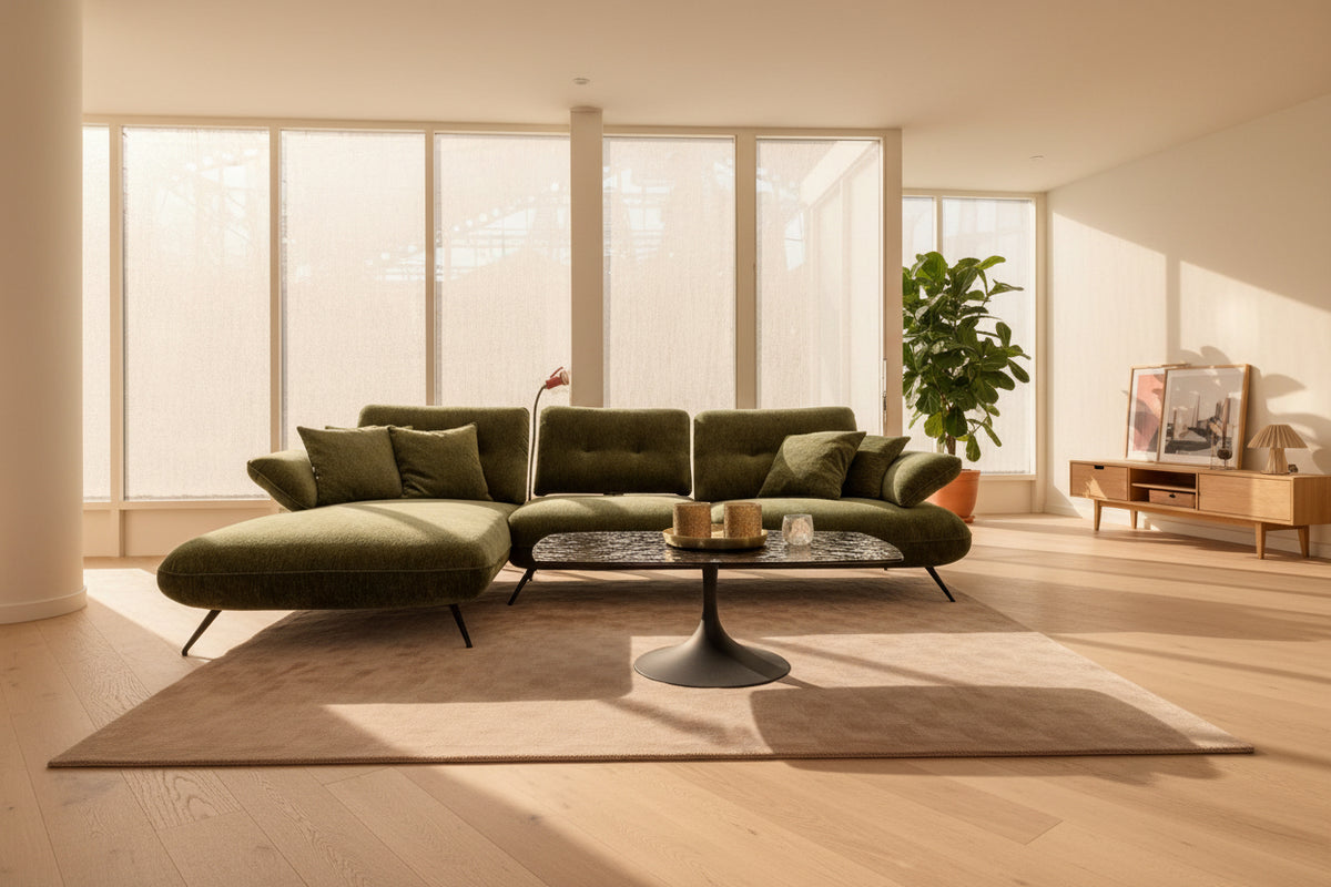 Canapé d'angle méridienne vert avec dossiers réglables avance recule - Vue d'ensemble - confort luxe