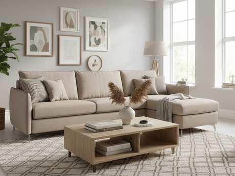 Canapé d'angle convertible Martin – vue 3/4 – méridienne à droite – tissu beige – système rapido