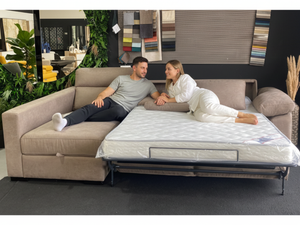 Canapé d'angle convertible système rapido Lea avec coffre et méridienne taupe