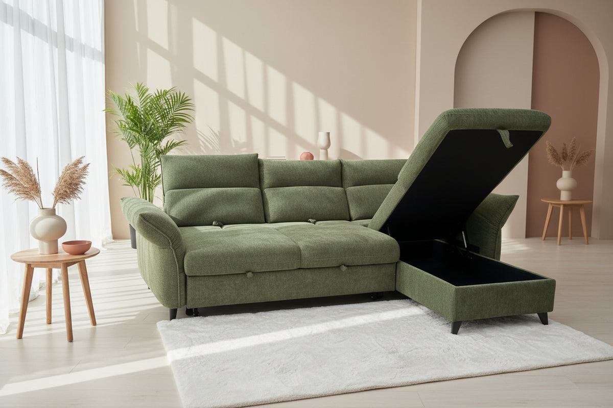canapé d'angle convertible avec coffre méridienne vert en tissu