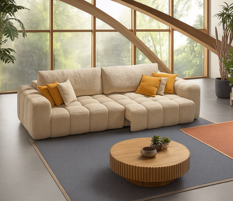 Canapé droit EloÏse assises coulissantes electrique - tissu bouclette beige 