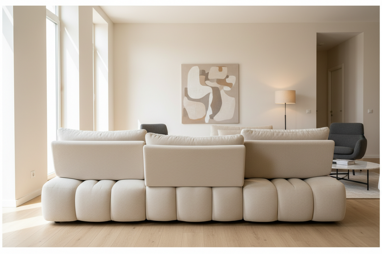 Canapé avance recule d'angle beige arrondi - Cassia confort luxe