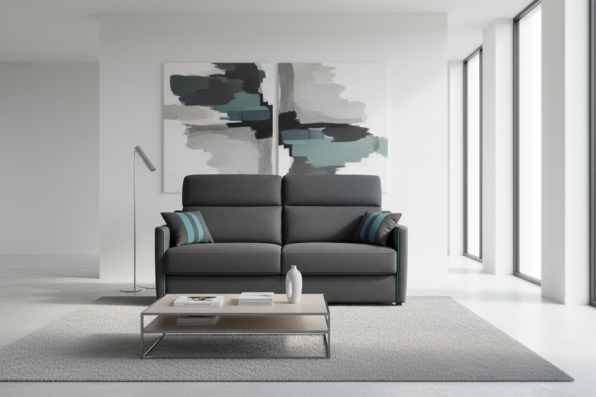 Canapé 3 places convertible Elisa – vue de face – tissu gris anthracite – pieds polycarbonate noir