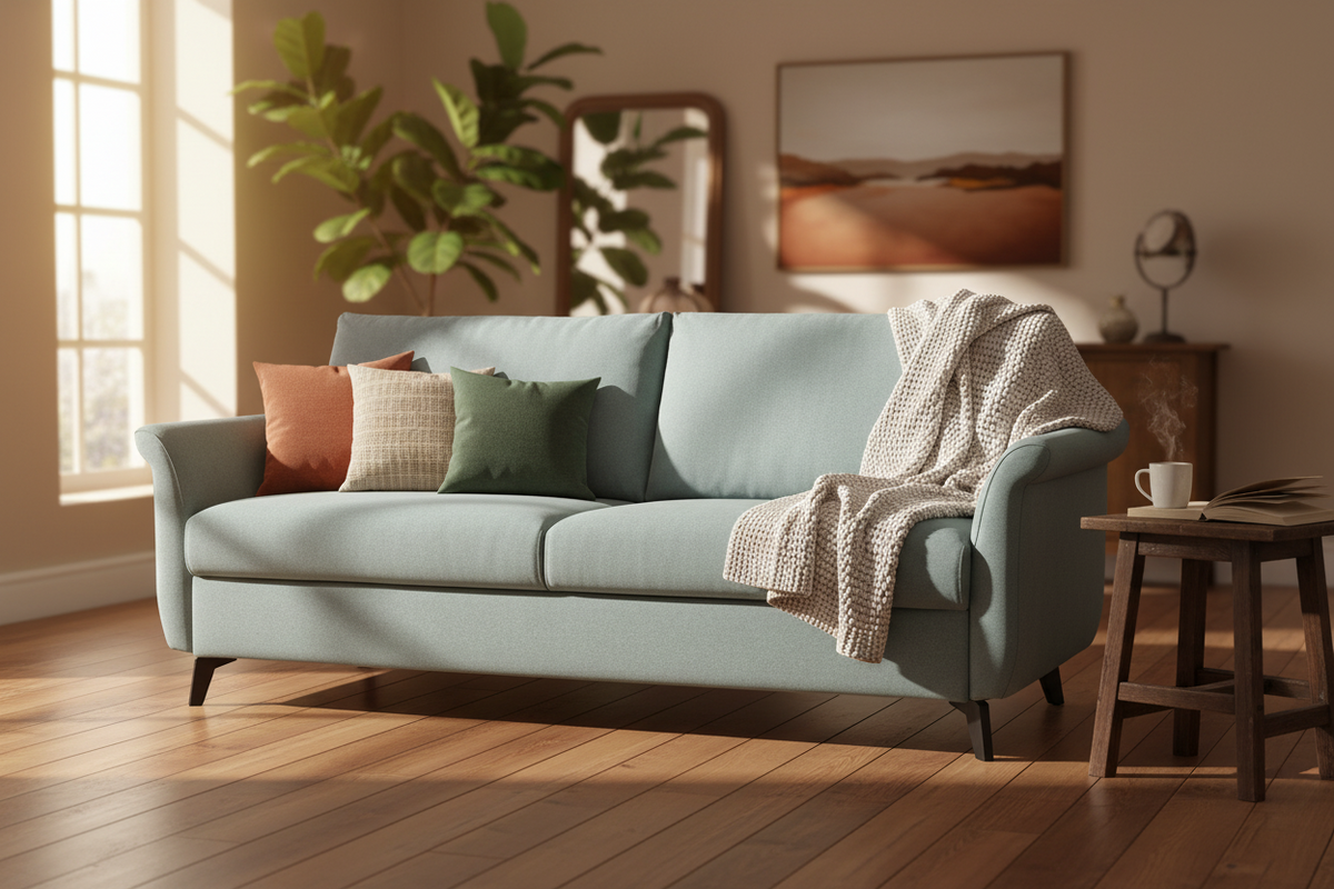 canapé convertible rapido 3 places tissu bleu clair Fannie couchage quotidien