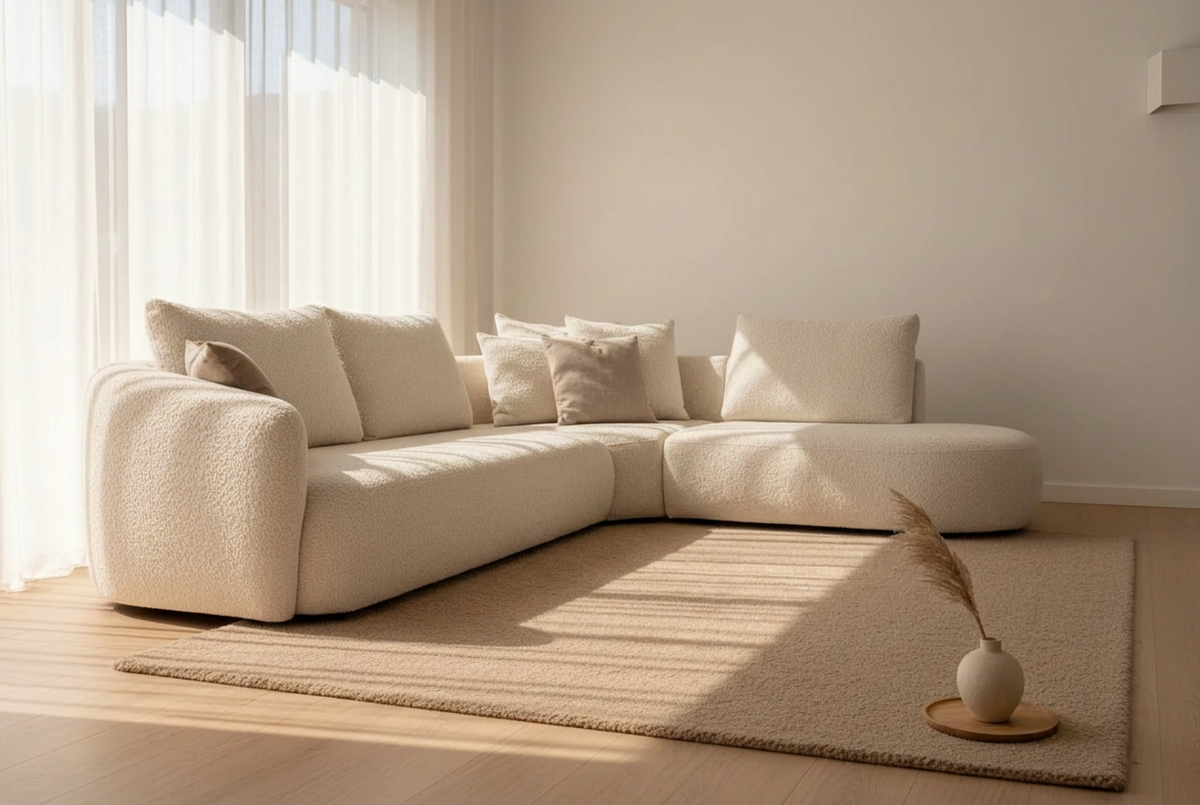 Canapé d'angle beige en tissu bouclette design - Souffle d'intérieur