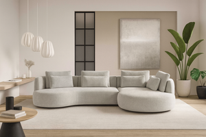 Canapé d’angle beige “Martine” – photo catalogue design épuré et lignes arrondies, Souffle d’Intérieur à Yerres