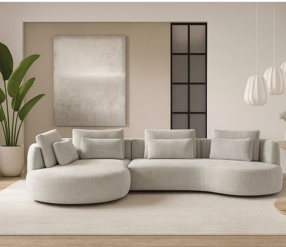 Canapé d’angle beige “Martine” – photo catalogue design épuré et lignes arrondies, Souffle d’Intérieur