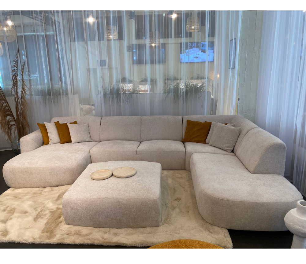 canapé d'angle panoramique beige en tissu 