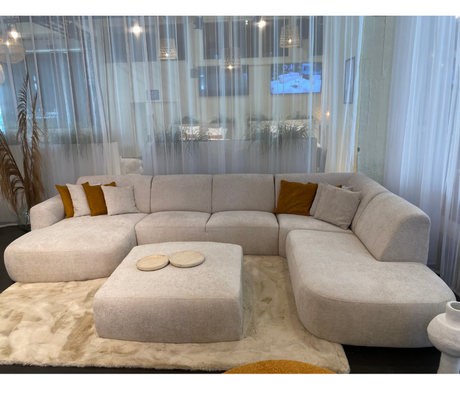 canapé d'angle panoramique beige en tissu 