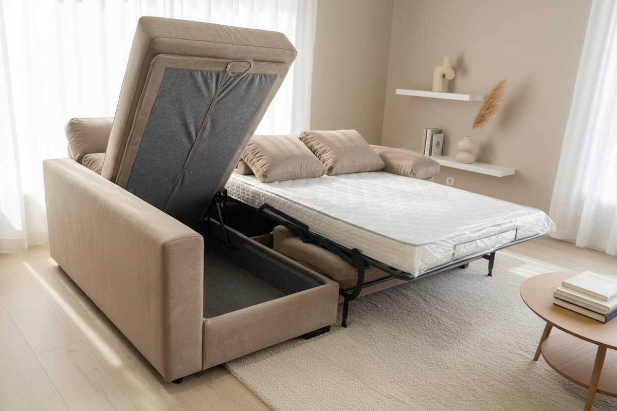Canapé d'angle convertible Lea – méridienne coffre – système rapido – ouvert – tissu
