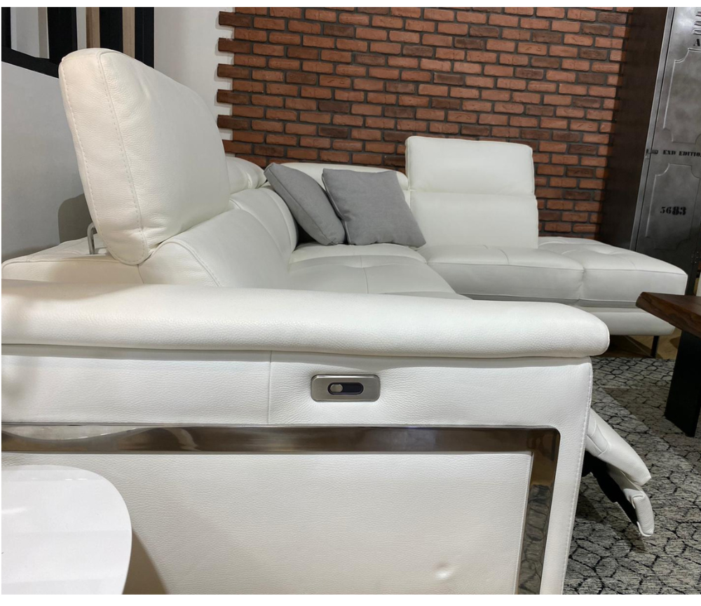 Canapé d'angle en cuir blanc relax électrique et méridienne - Flavia
