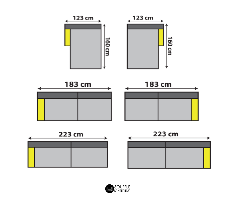 dimenisions Canapé d'angle gris design méridienne en tissu  - Confort luxe - Remco - Souffle d'intérieur