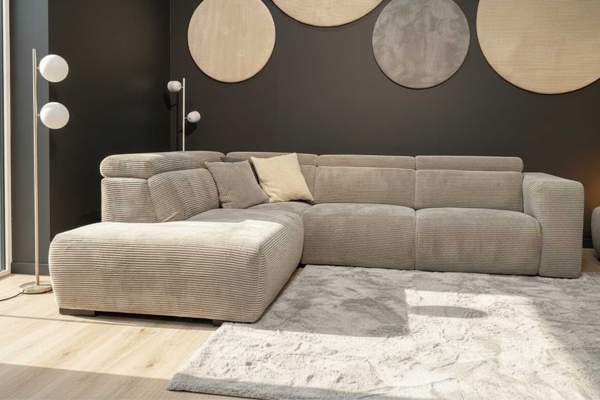 canapé d'angle velours cotelé gris relax electrique - Souffle d'intérieur - Confort luxe