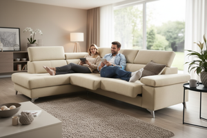Couple sur canapé d'angle beige avec assises coulissantes