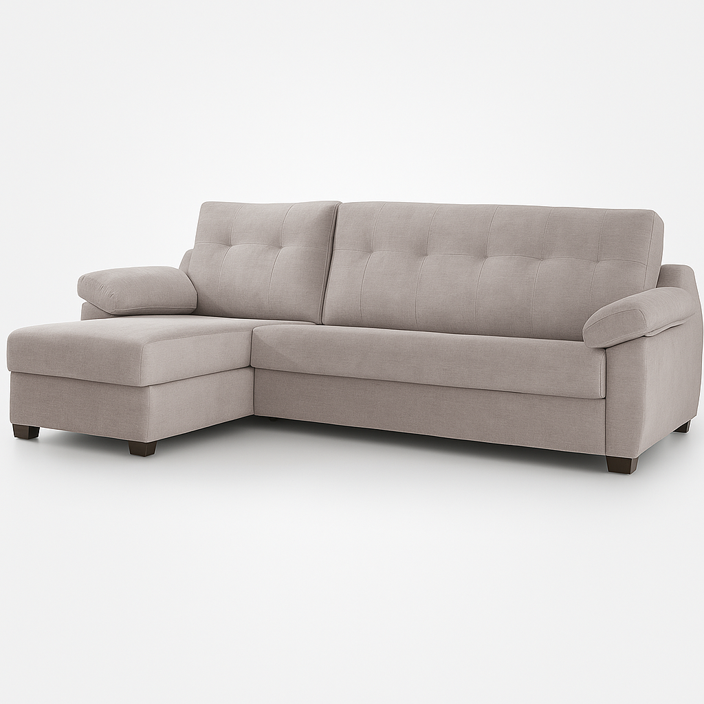 Canapé d’angle convertible Billy en tissu beige, design moderne et élégant, assise moelleuse et piètement bois massif.