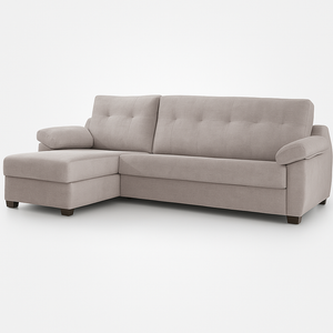 Canapé d’angle convertible Billy en tissu beige, design moderne et élégant, assise moelleuse et piètement bois massif.