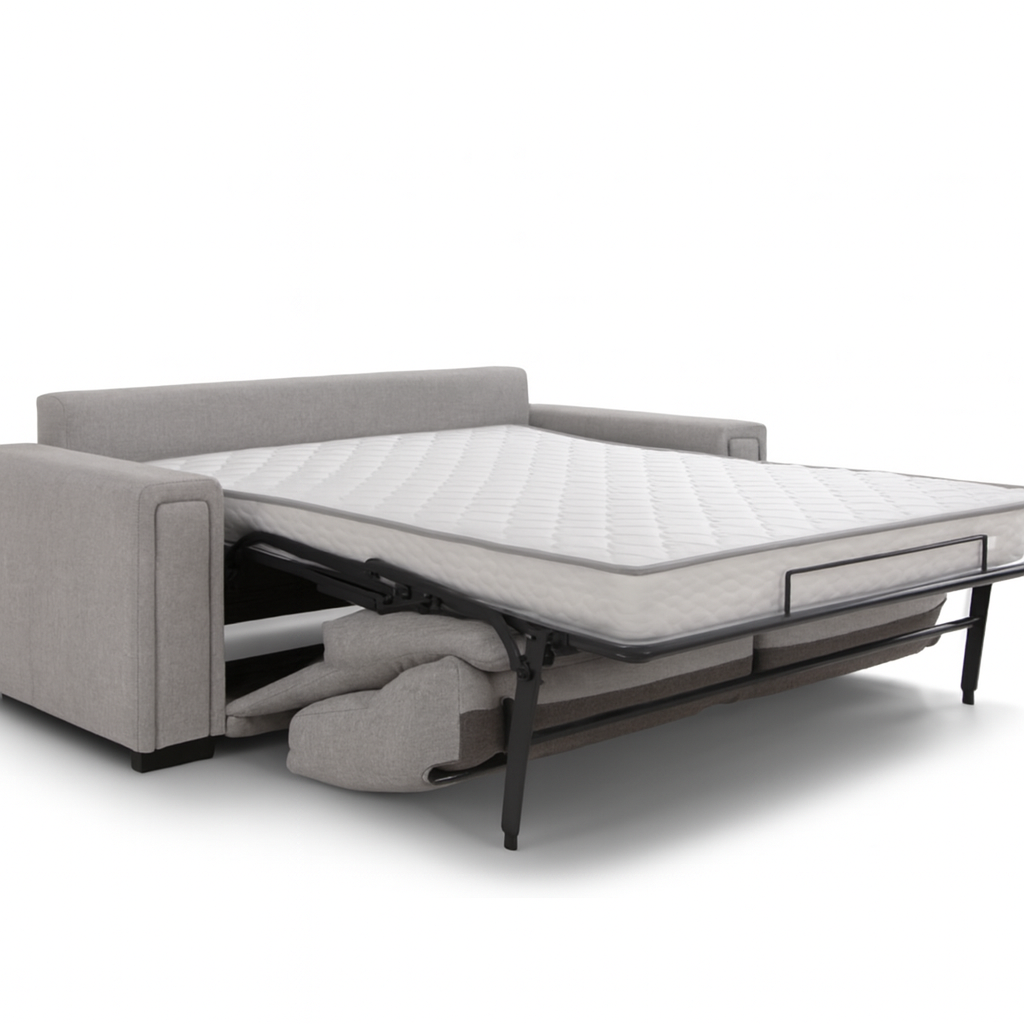 Canapé-lit convertible Kery tissu gris clair ouvert – couchage 140/160 cm – matelas 15 cm confort premium – Souffle d’Intérieur