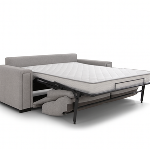 Canapé-lit convertible Kery tissu gris clair ouvert – couchage 140/160 cm – matelas 15 cm confort premium – Souffle d’Intérieur