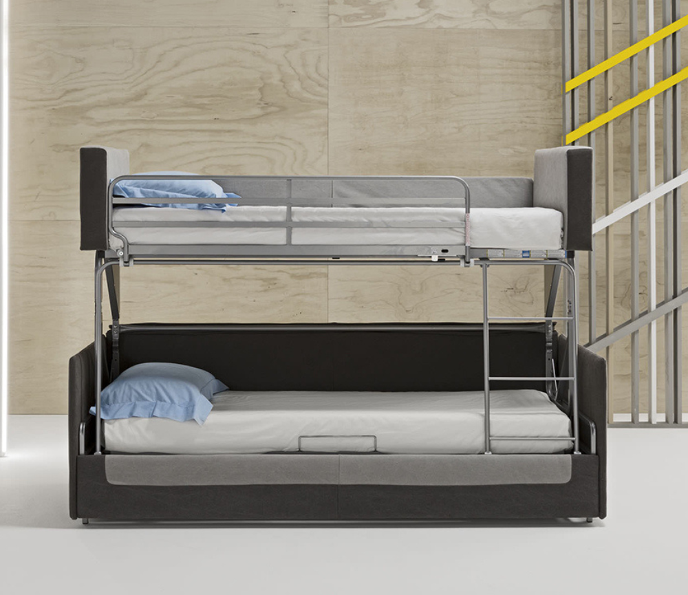 Canapé lit superposé design en position canapé, tissu haut de gamme grise, Souffle d’Intérieur