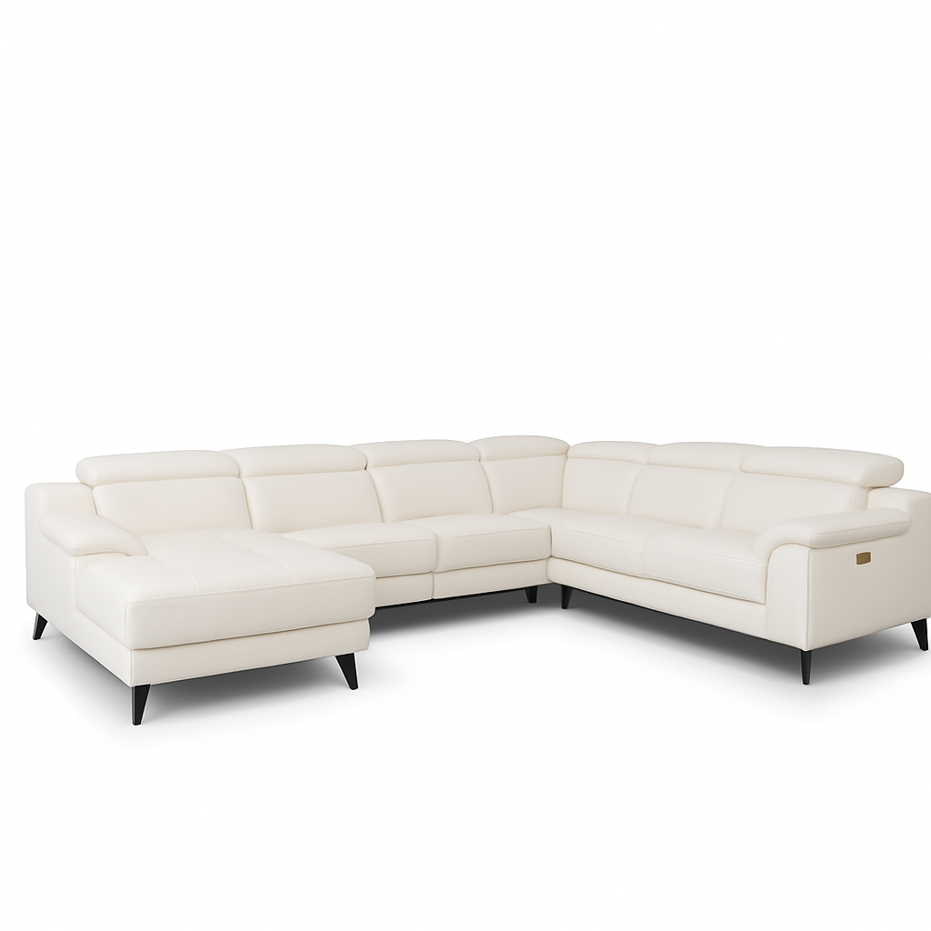 Canapé panoramique en cuir blanc Ariana avec deux relax électriques et appuie-têtes relevables